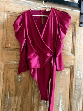 Women’s Magenta Wrap Bodysuit Dress with Draped Sleeves